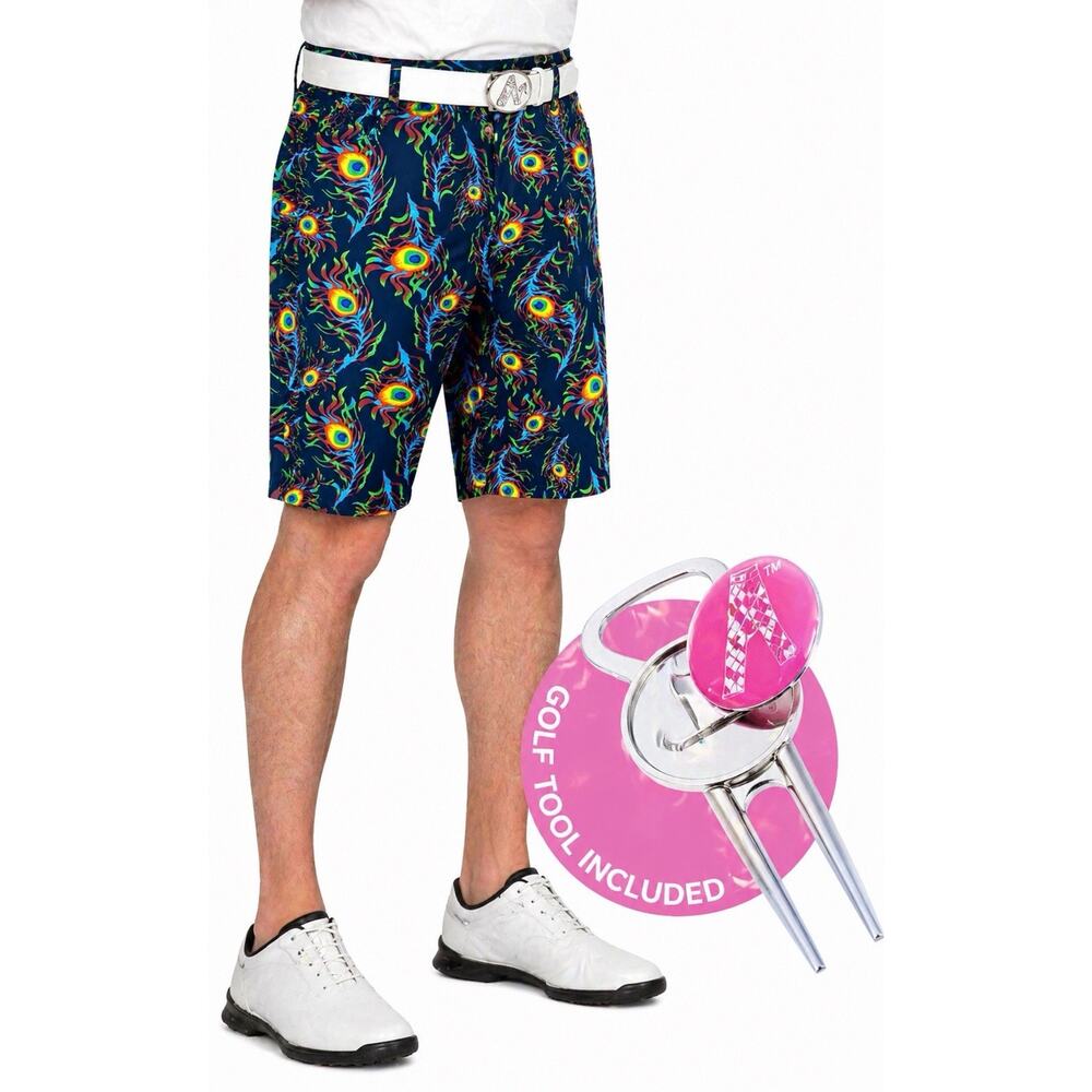 Royal & Awesome Bright Birdie Golf Shorts Mens 32 NWT Peacock Feather Tool